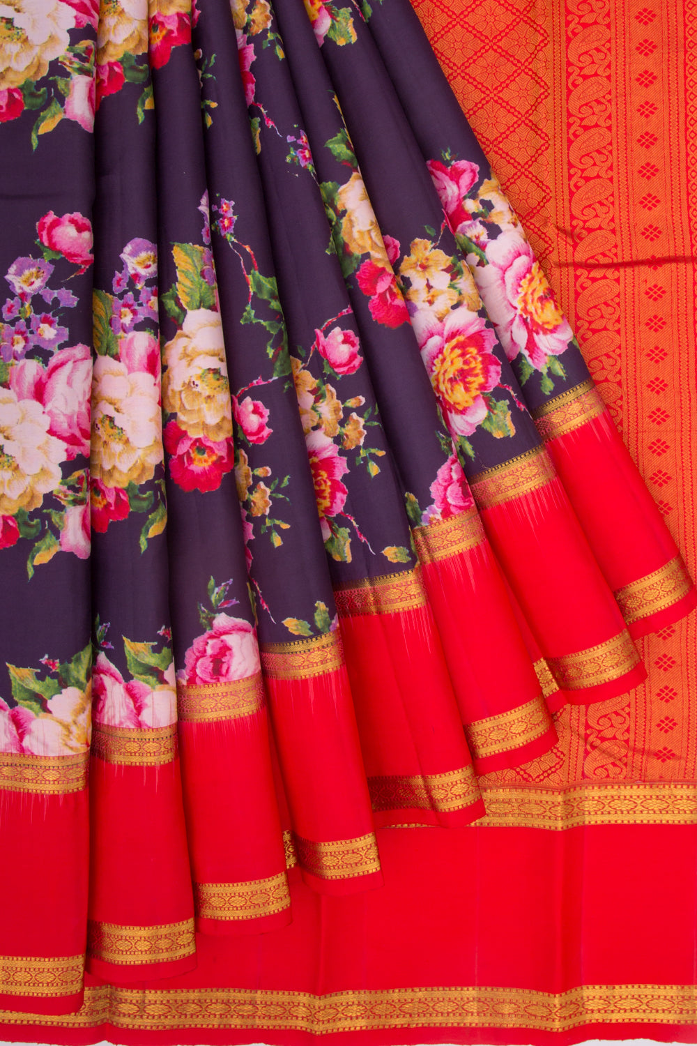 Kanchipuram Silk Floral Printed Dark Blue Saree