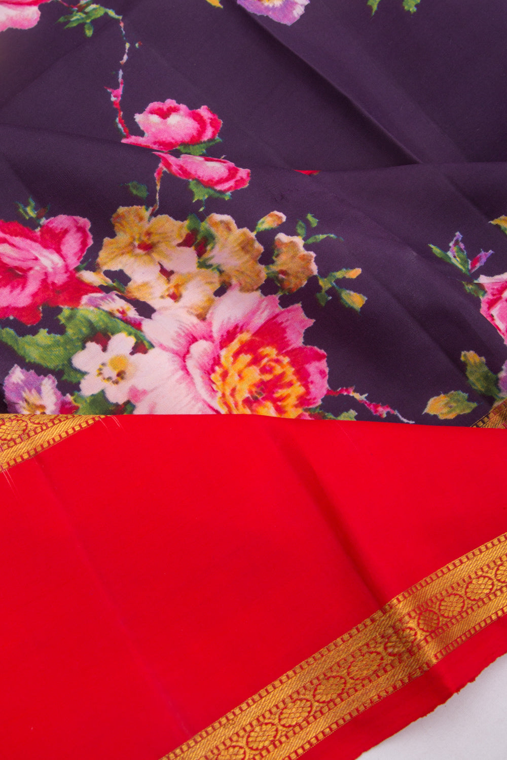Kanchipuram Silk Floral Printed Dark Blue Saree
