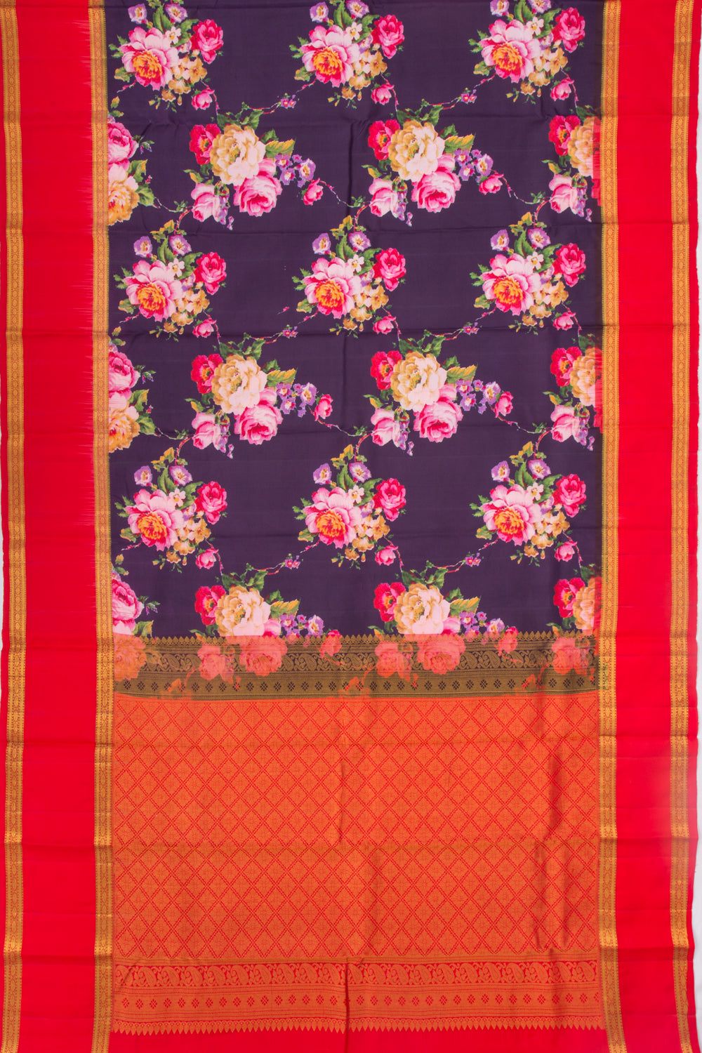 Kanchipuram Silk Floral Printed Dark Blue Saree