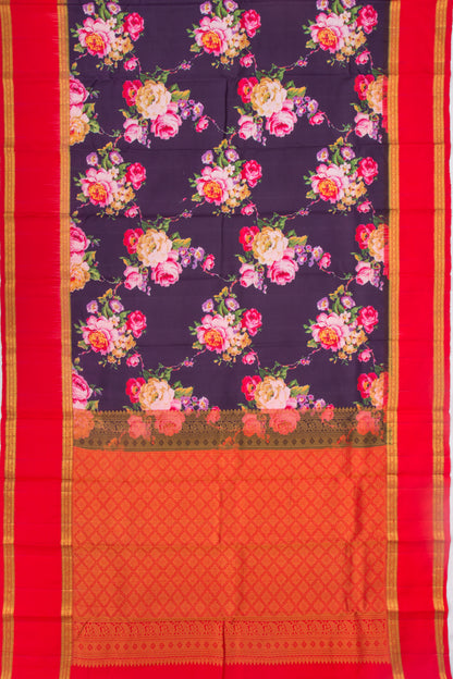 Kanchipuram Silk Floral Printed Dark Blue Saree