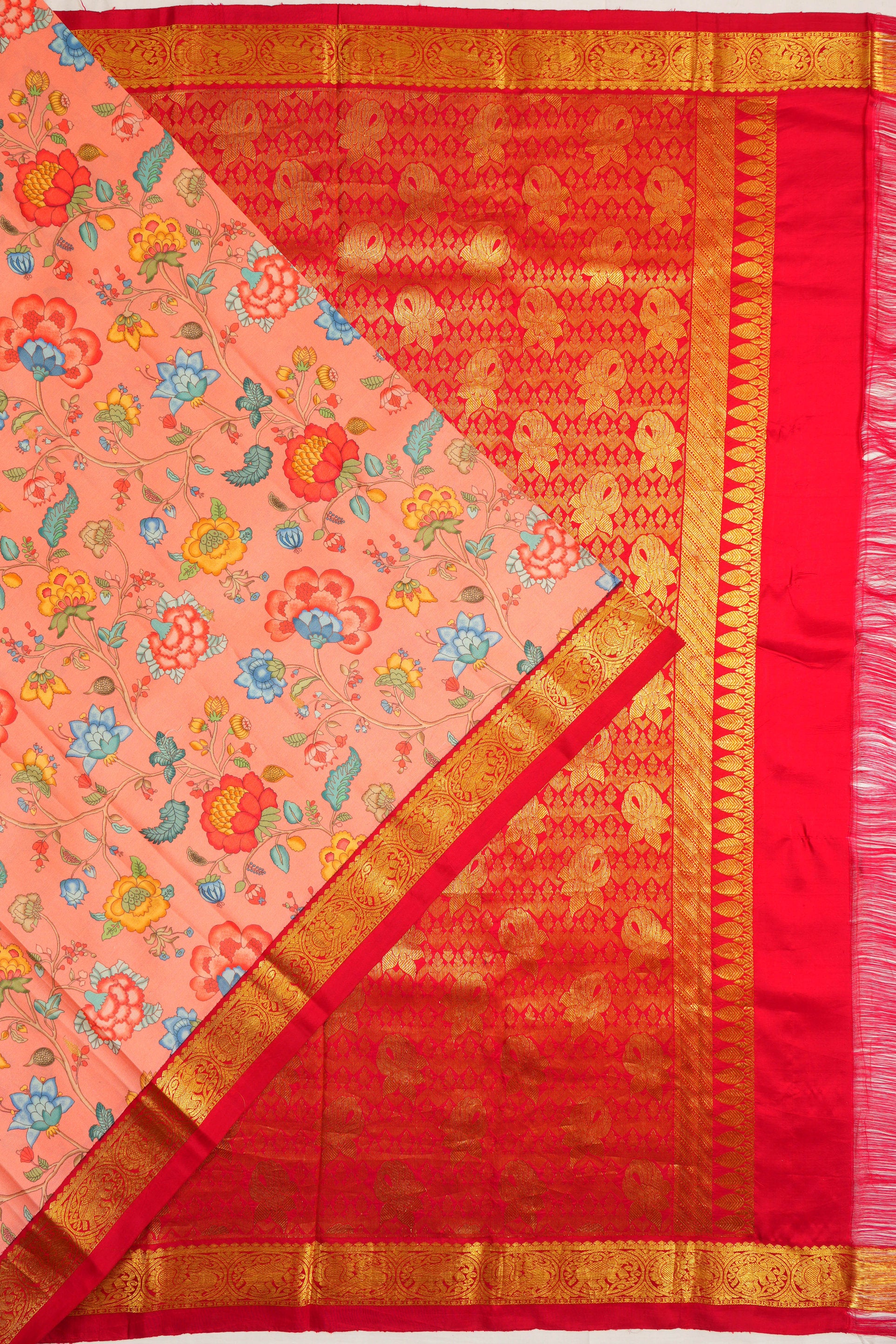 Kanchipuram Silk Floral Printed Peach Saree