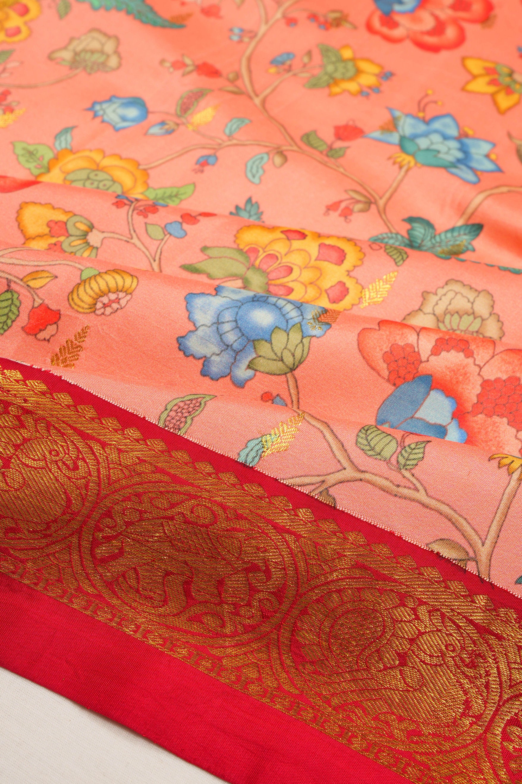 Kanchipuram Silk Floral Printed Peach Saree