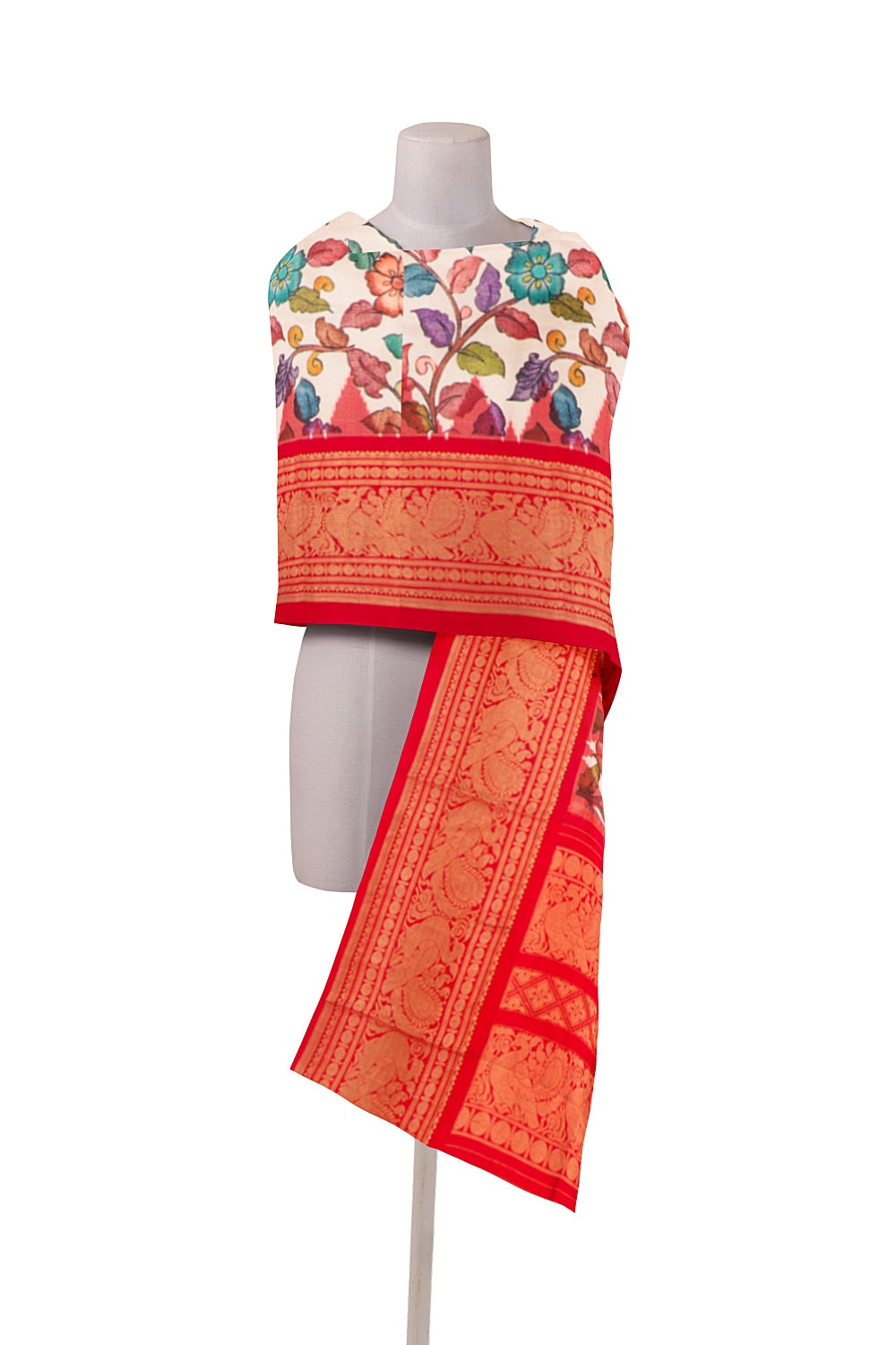 Kanchipuram Silk Floral Printed White Dupatta