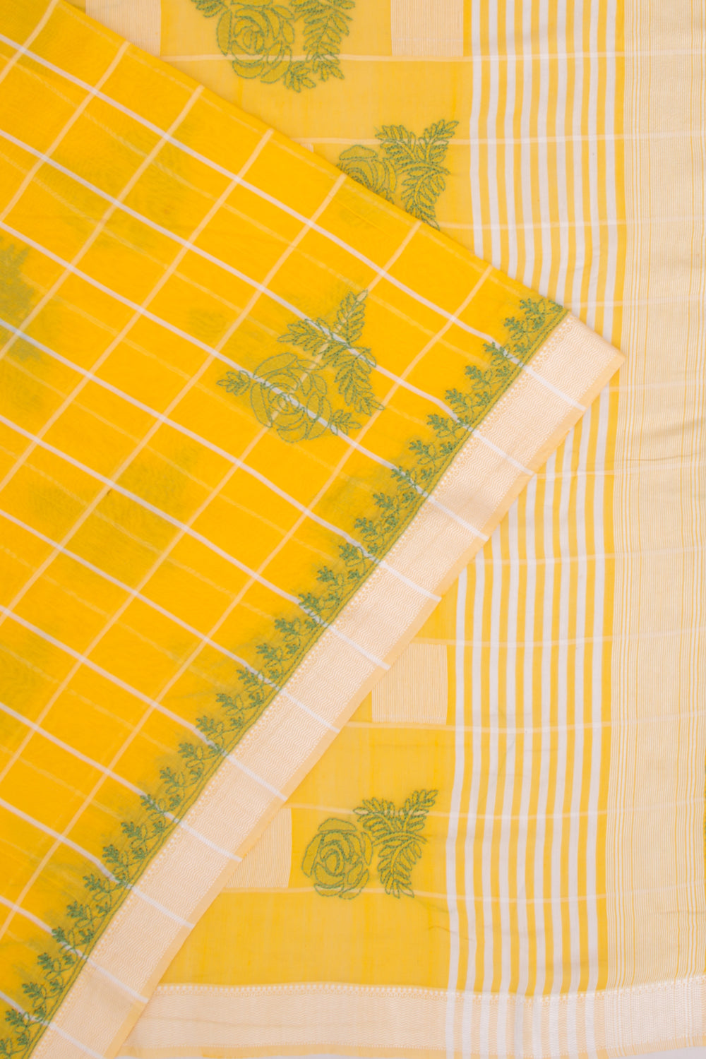 Maheshwari Silk Checks And Chikankari Butta Yellow Saree