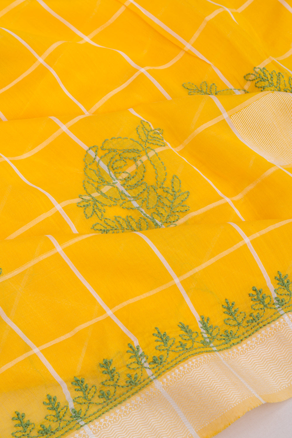 Maheshwari Silk Checks And Chikankari Butta Yellow Saree