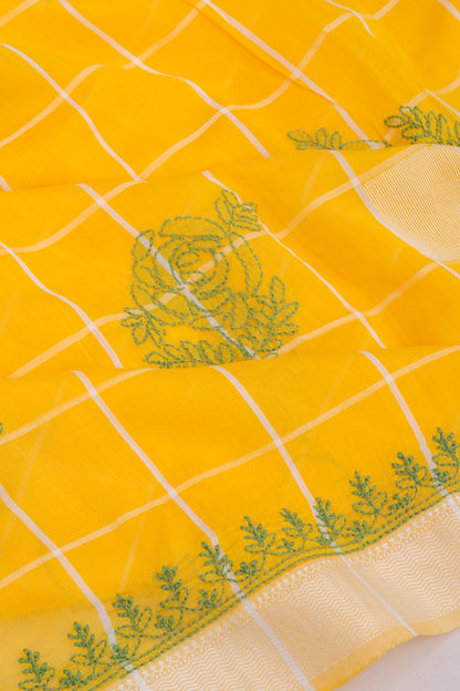 Maheshwari Silk Checks And Chikankari Butta Yellow Saree