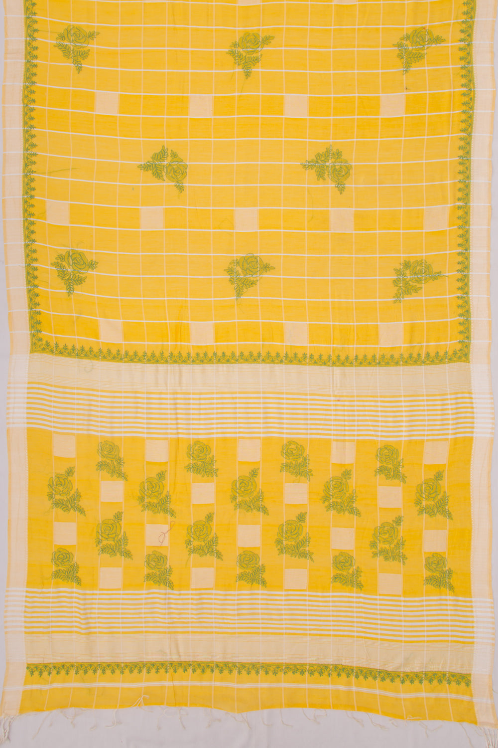 Maheshwari Silk Checks And Chikankari Butta Yellow Saree