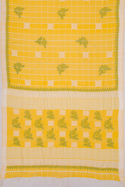 Maheshwari Silk Checks And Chikankari Butta Yellow Saree