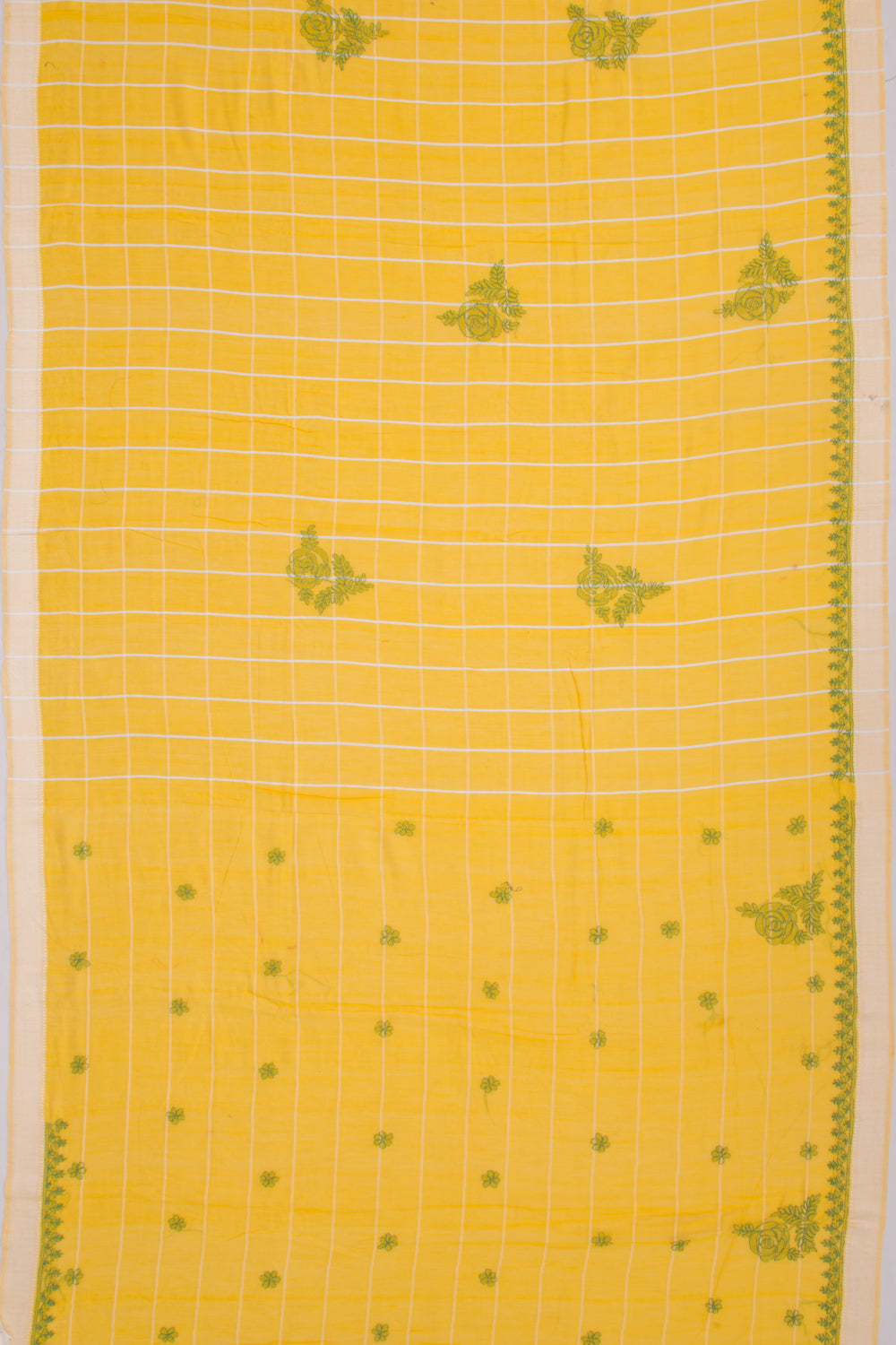 Maheshwari Silk Checks And Chikankari Butta Yellow Saree