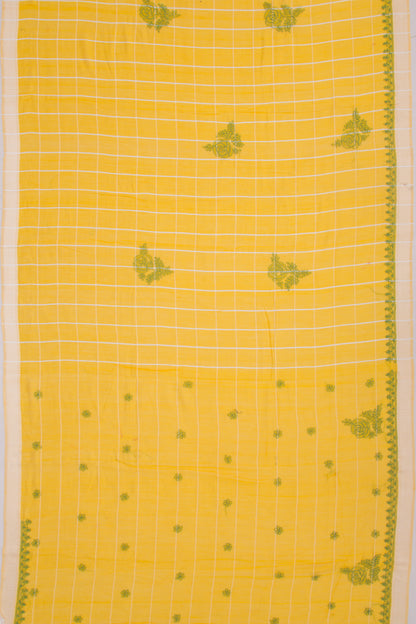 Maheshwari Silk Checks And Chikankari Butta Yellow Saree