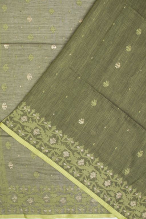 Dhakai Muslin Jamdani Butta Olive Green Saree