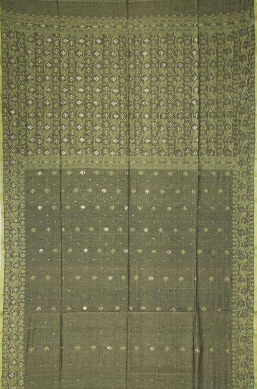 Dhakai Muslin Jamdani Butta Olive Green Saree