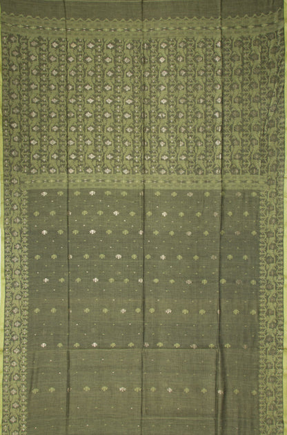 Dhakai Muslin Jamdani Butta Olive Green Saree