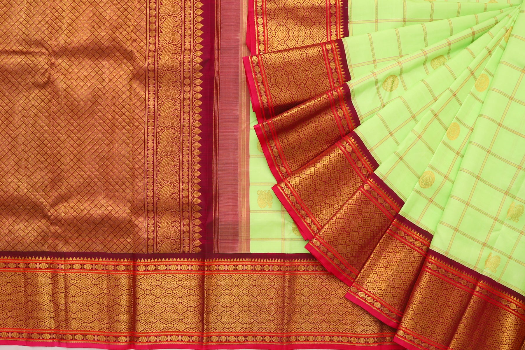 Kanchipuram Silk Checks And Butta Pastel Green Saree
