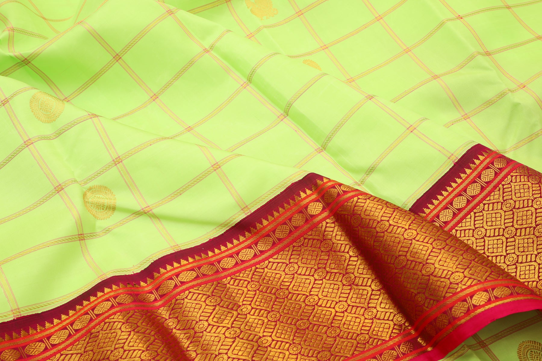 Kanchipuram Silk Checks And Butta Pastel Green Saree