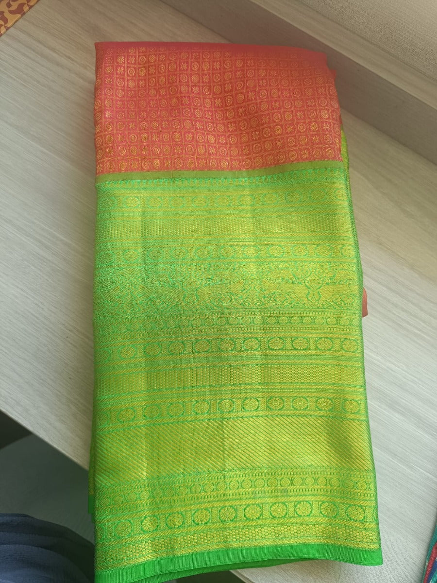 Kanchipuram Silk Checks And Butta Pink Saree