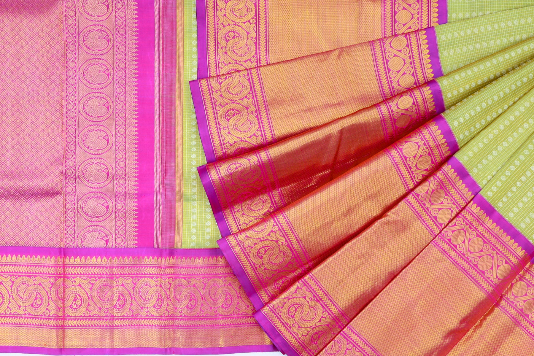Kanchipuram Silk Checks And Butta Green Saree