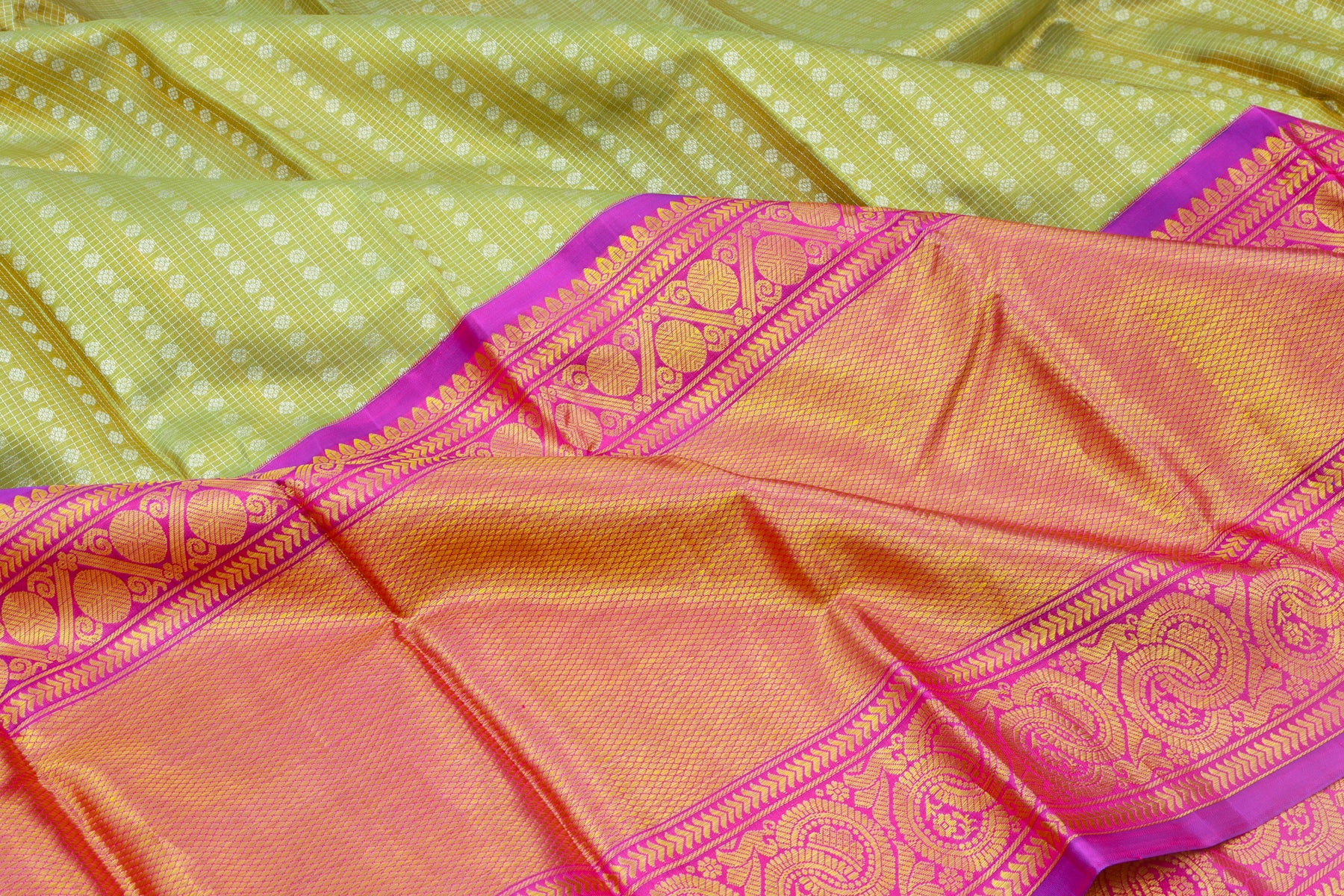 Kanchipuram Silk Checks And Butta Green Saree