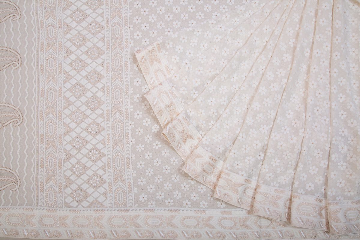 Lucknow Chikankari Georgette Cream Saree