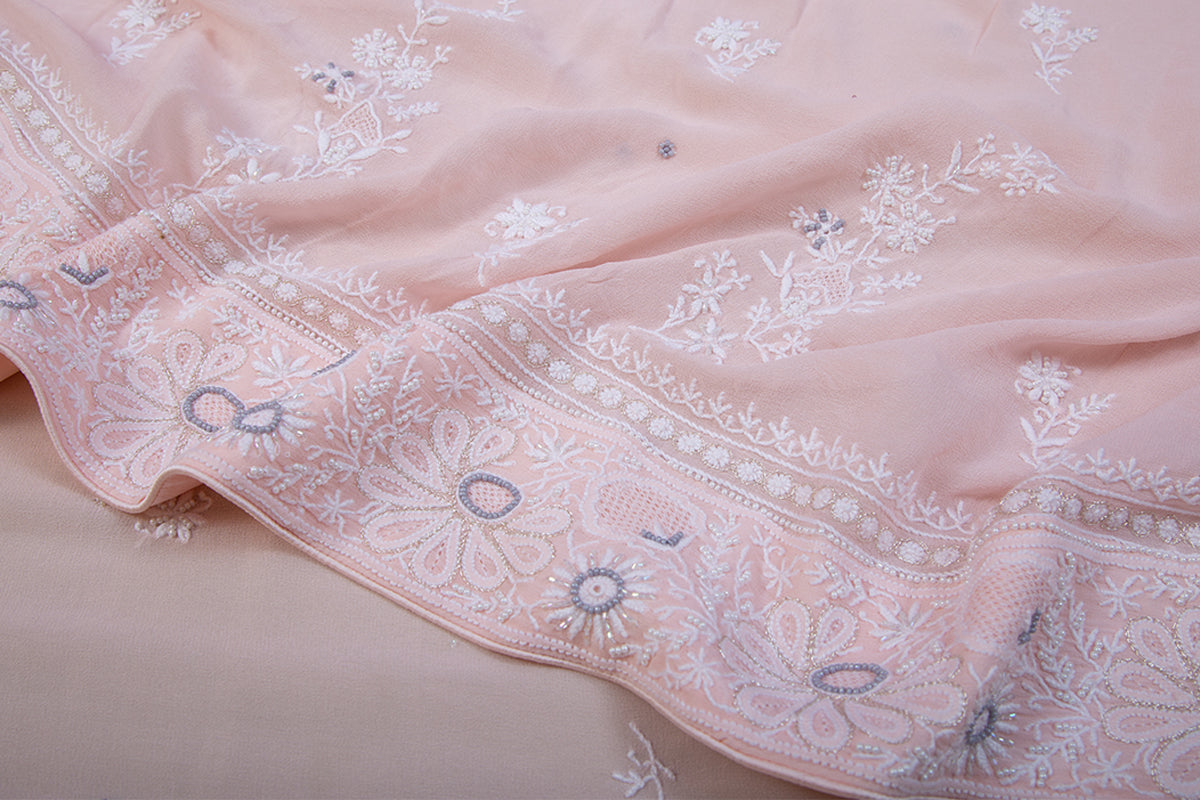 Lucknow Chikankari Georgette Baby Pink Saree