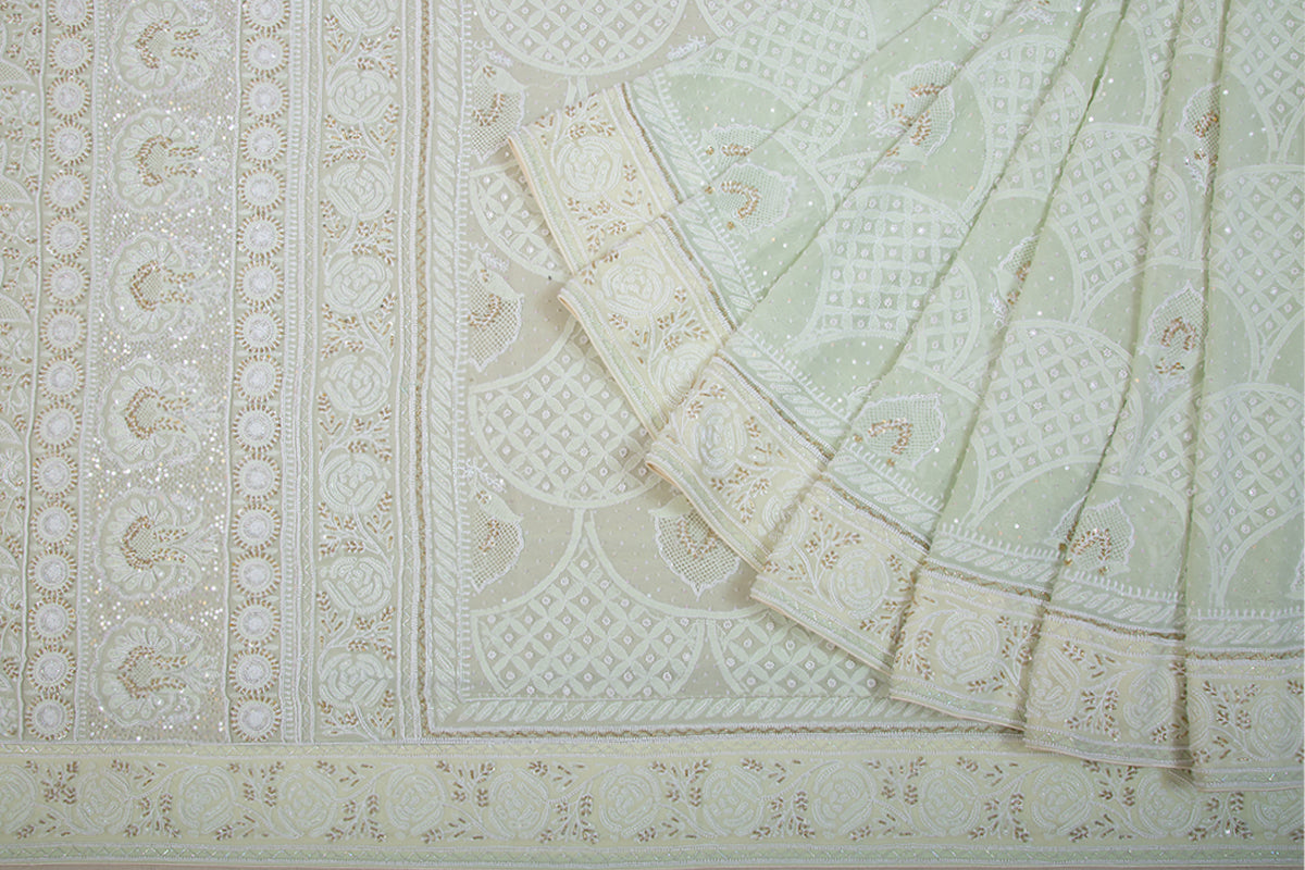 Lucknow Chikankari Georgette Pastel Green Saree