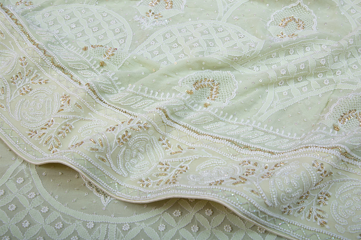 Lucknow Chikankari Georgette Pastel Green Saree