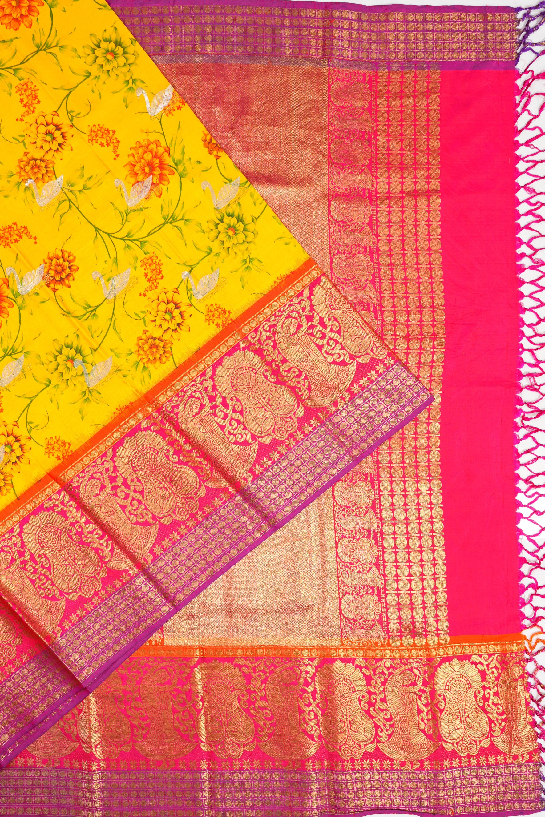 Kanchipuram Silk Floral Printed Yellow Saree