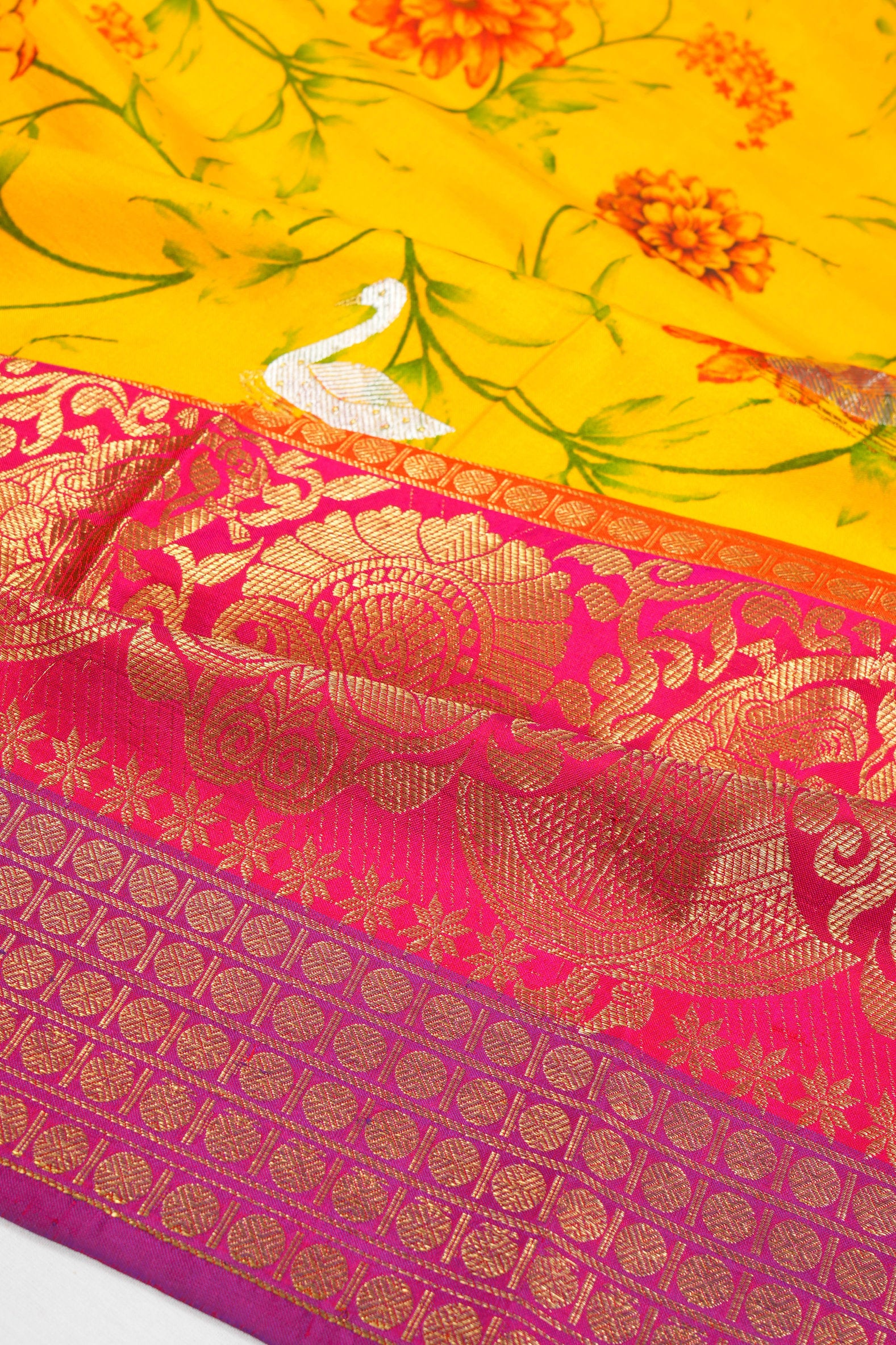 Kanchipuram Silk Floral Printed Yellow Saree