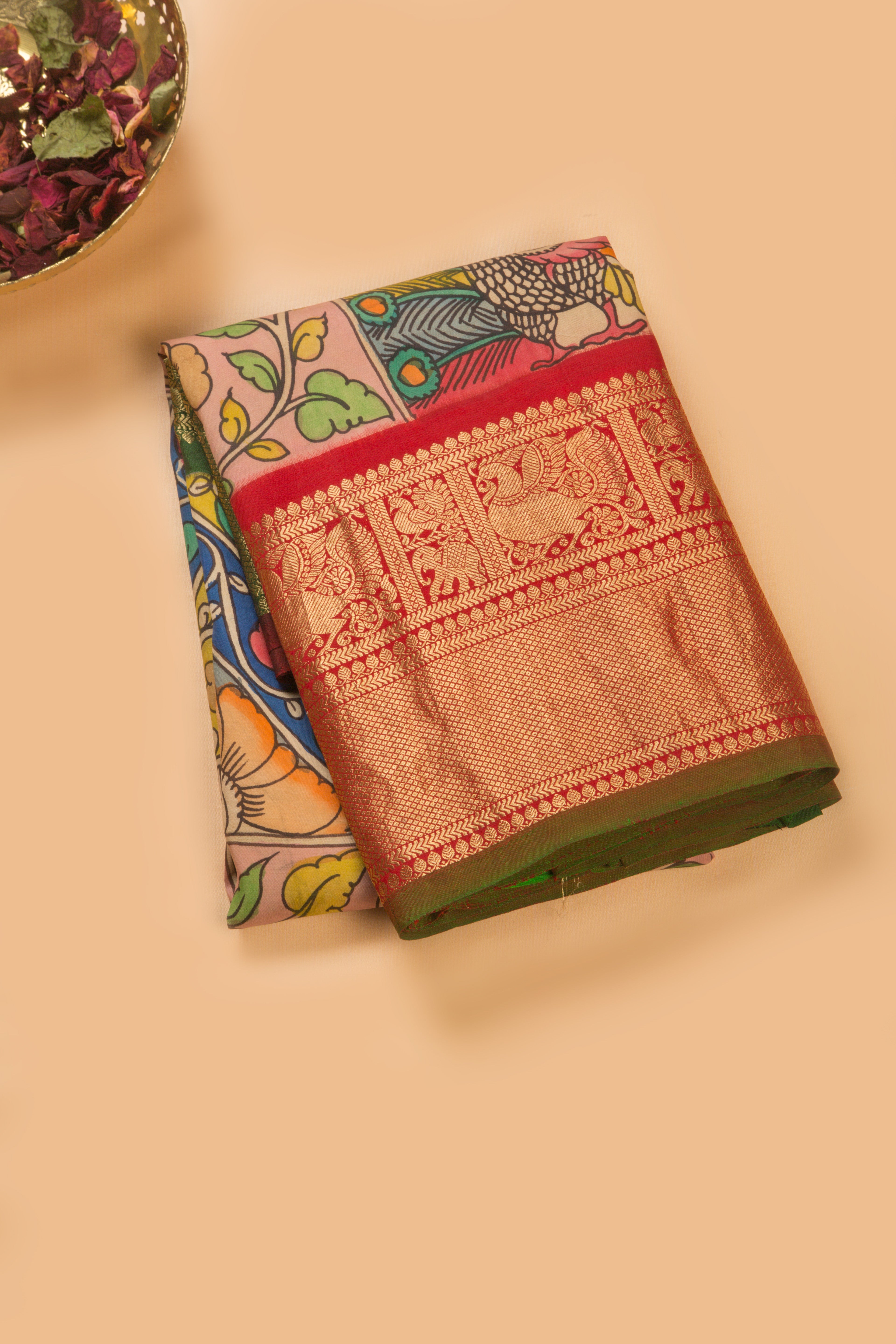Kanchipuram Silk Handpainted Kalamkari Multicolour Saree