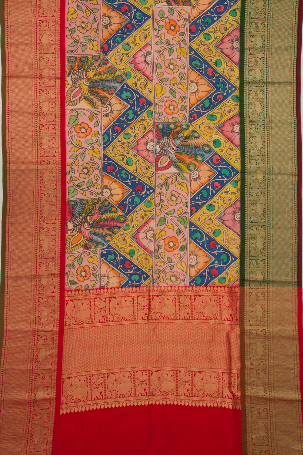 Kanchipuram Silk Handpainted Kalamkari Multicolour Saree