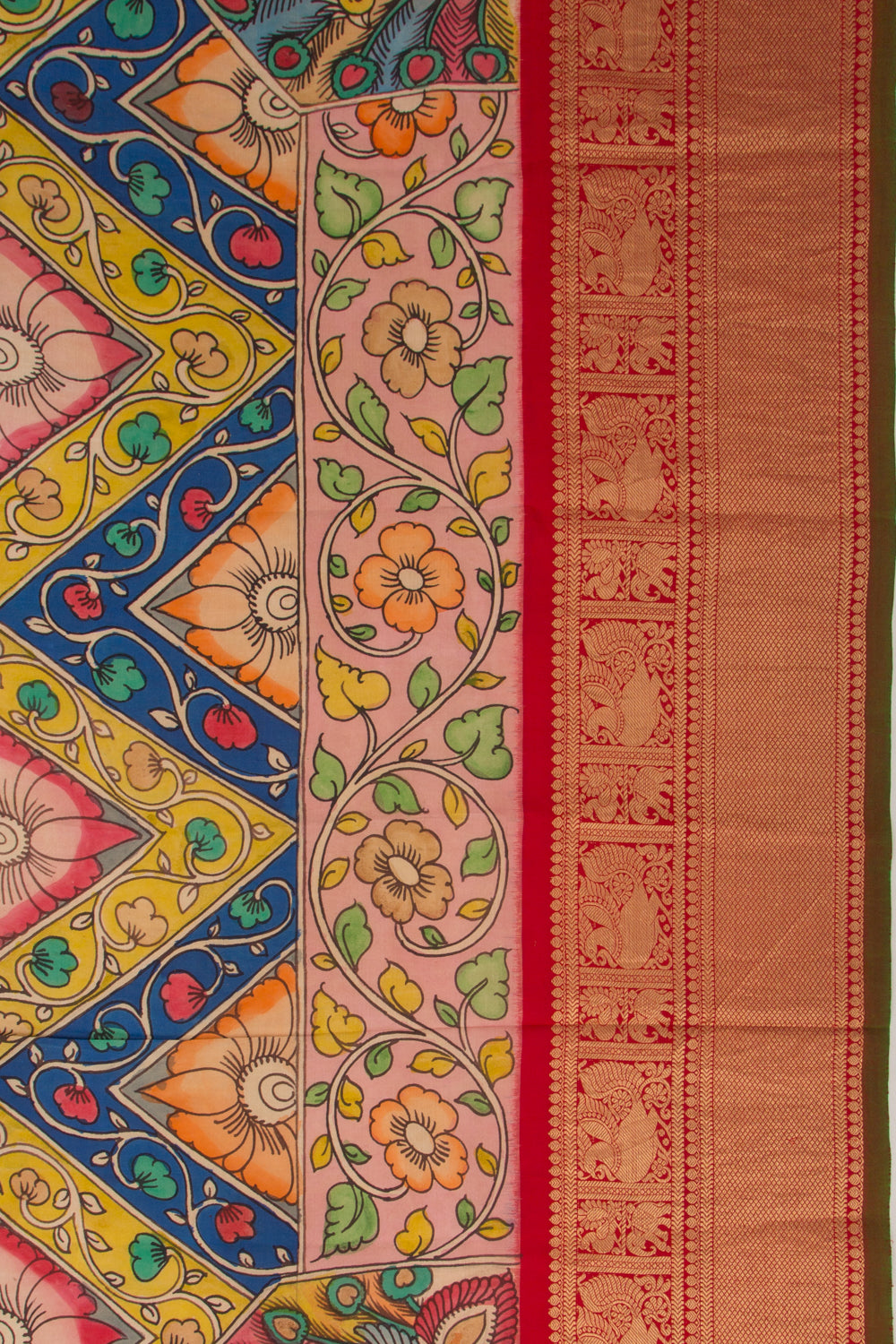 Kanchipuram Silk Handpainted Kalamkari Multicolour Saree