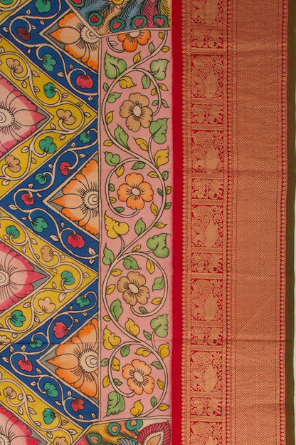 Kanchipuram Silk Handpainted Kalamkari Multicolour Saree