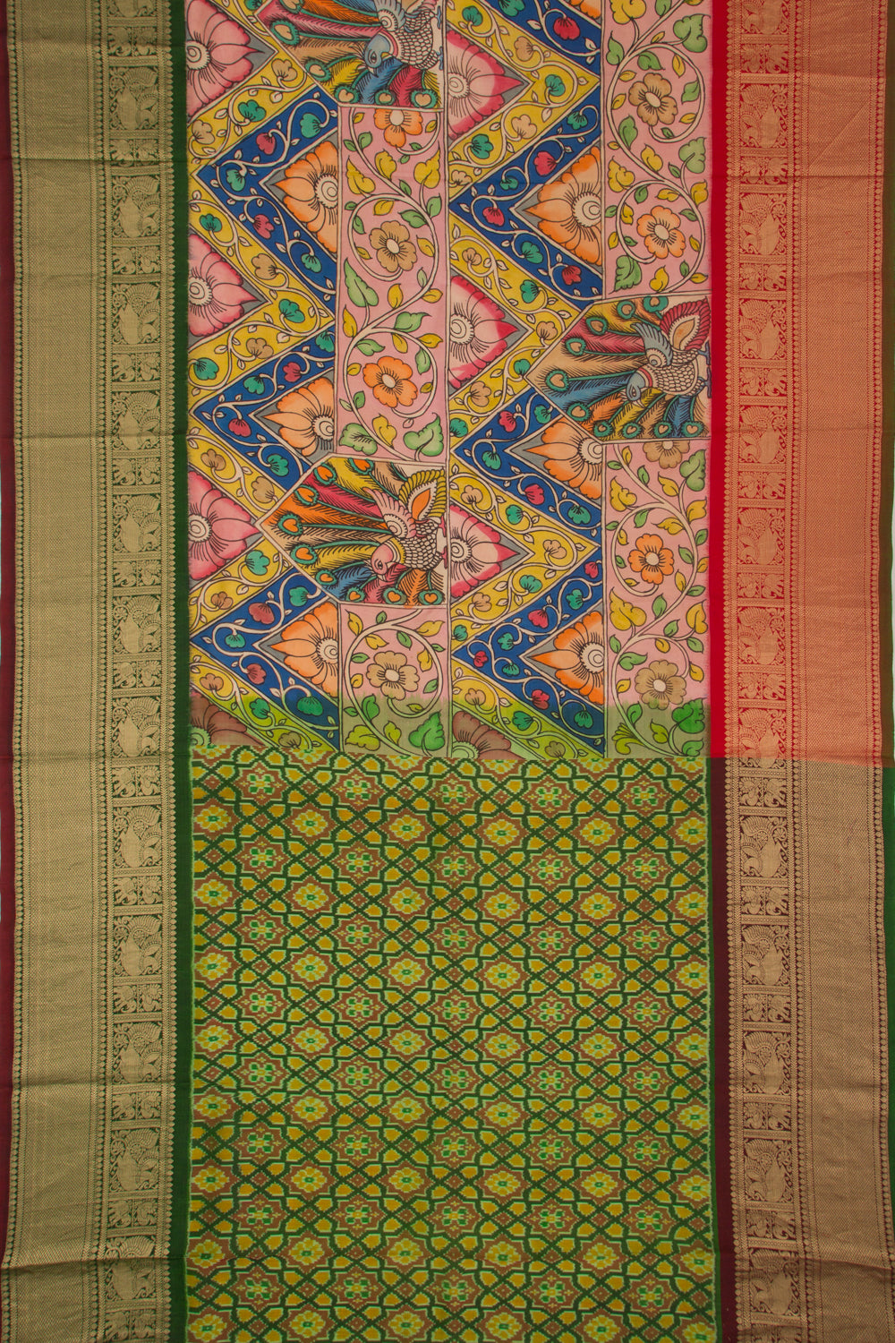 Kanchipuram Silk Handpainted Kalamkari Multicolour Saree