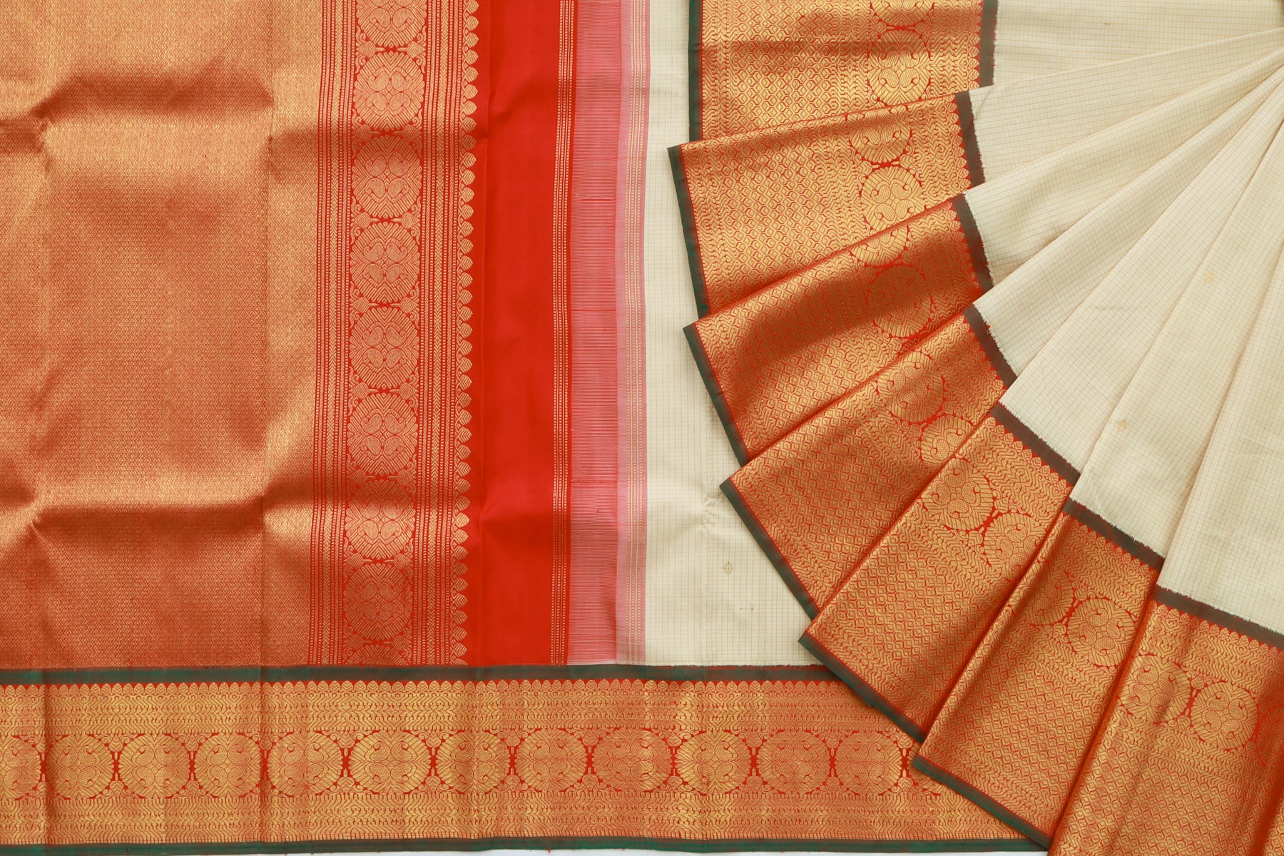 Kanchipuram Silk Checks And Butta Cream Saree