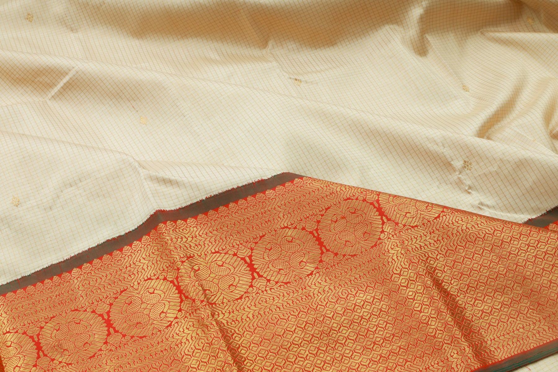 Kanchipuram Silk Checks And Butta Cream Saree