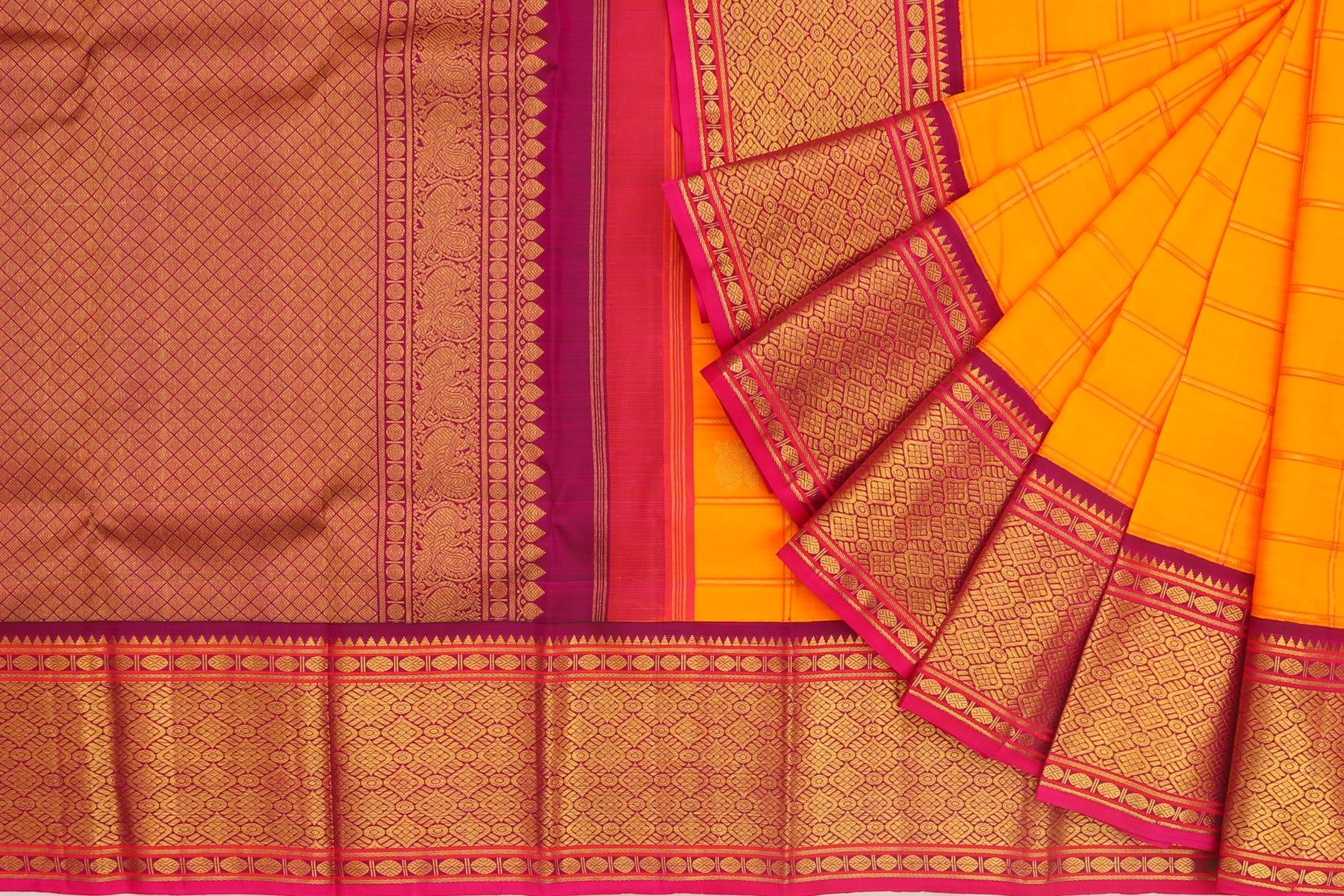 Kanchipuram Silk Checks And Butta Orange Saree