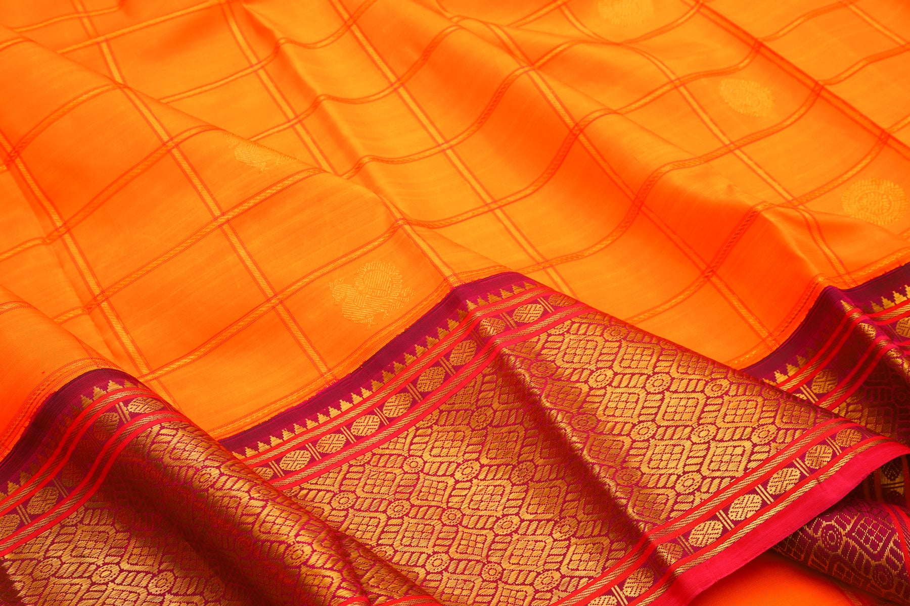 Kanchipuram Silk Checks And Butta Orange Saree