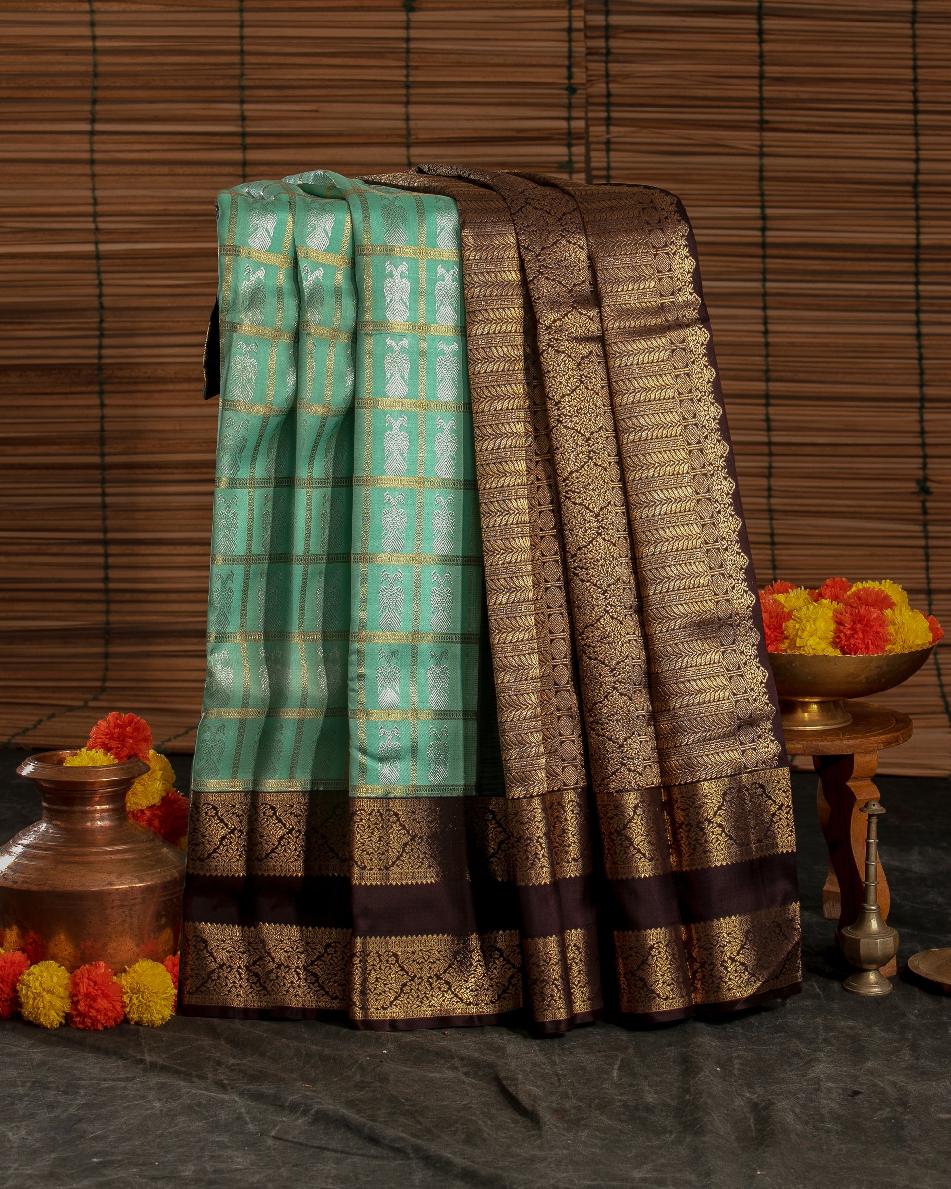 Kanchipuram Silk Checks And Butta Green Saree