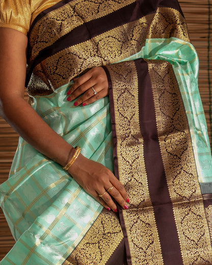 Kanchipuram Silk Checks And Butta Green Saree