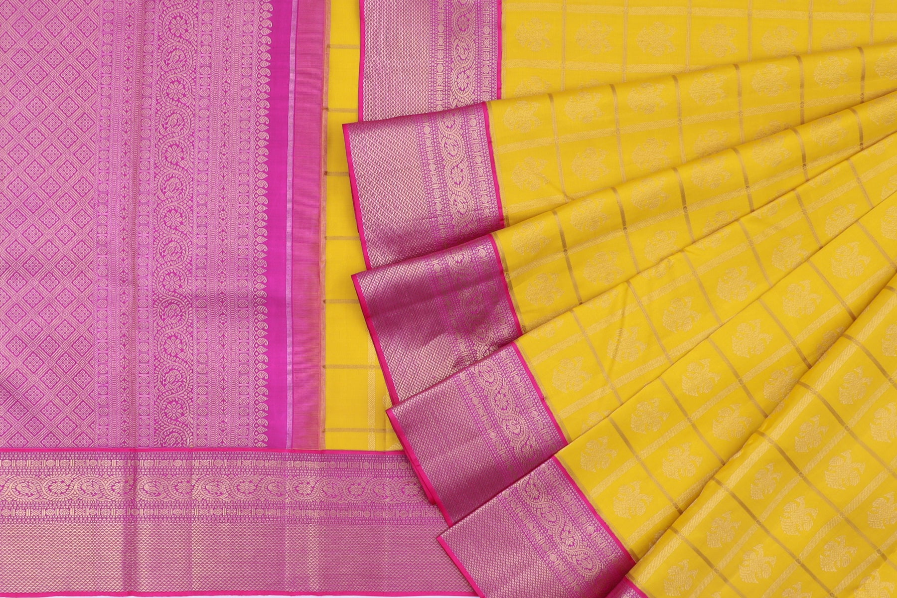 Kanchipuram Silk Checks And Butta Yellow Saree