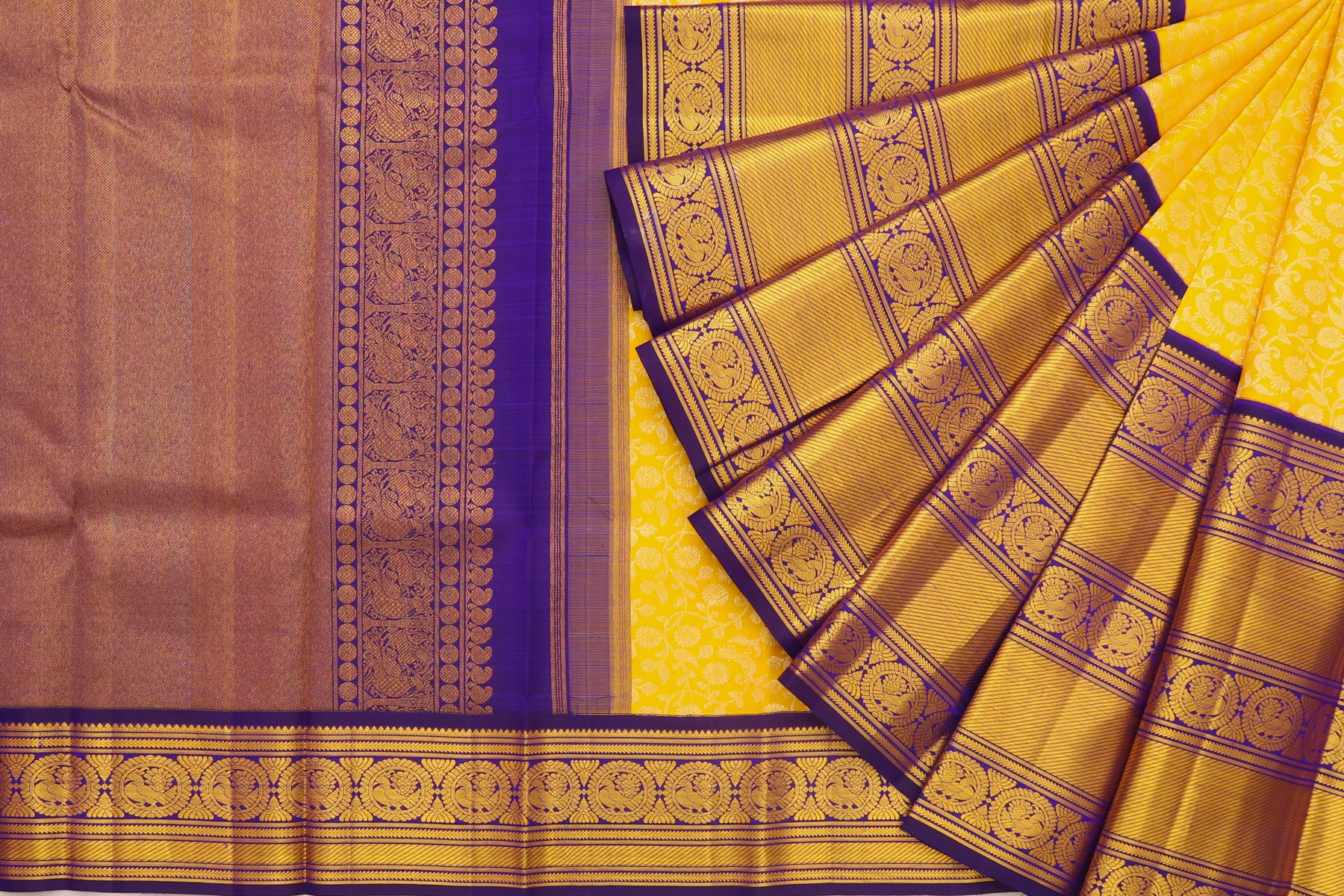 Kanchipuram Silk Jaal Yellow Saree