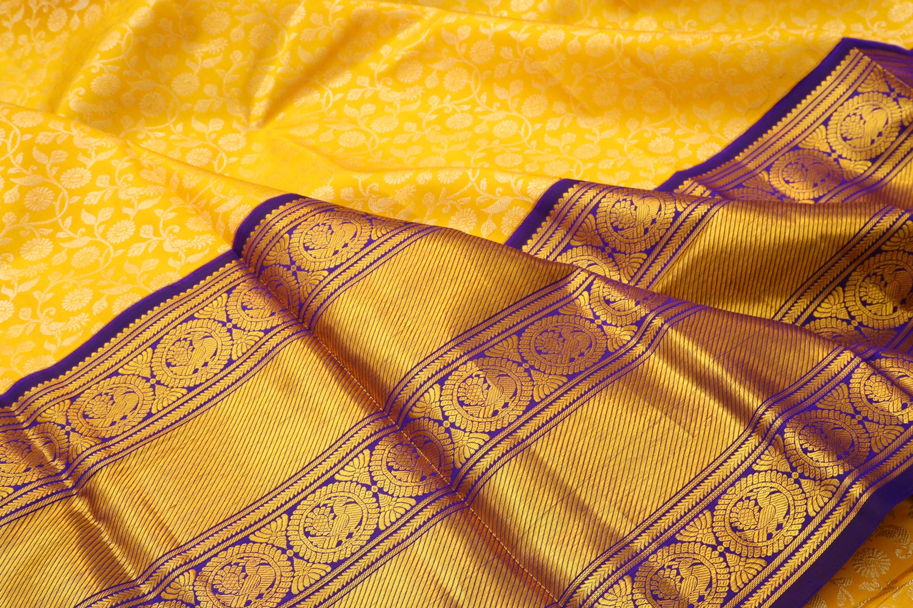 Kanchipuram Silk Jaal Yellow Saree