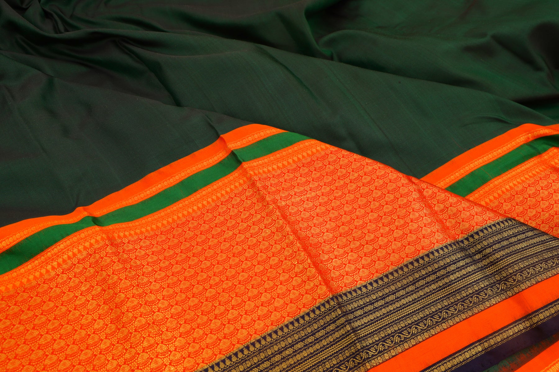Kanchipuram Silk Twill Plain Bottle Green Saree