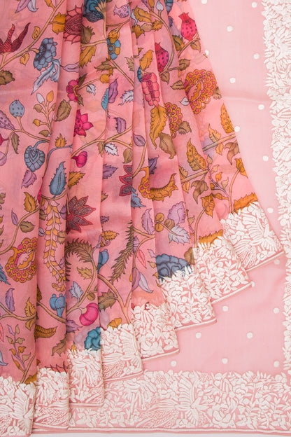 Organza Floral Printed Pink Saree