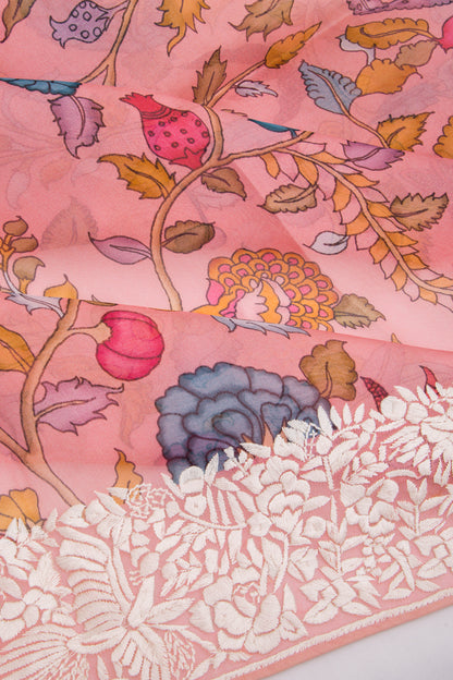Organza Floral Printed Pink Saree
