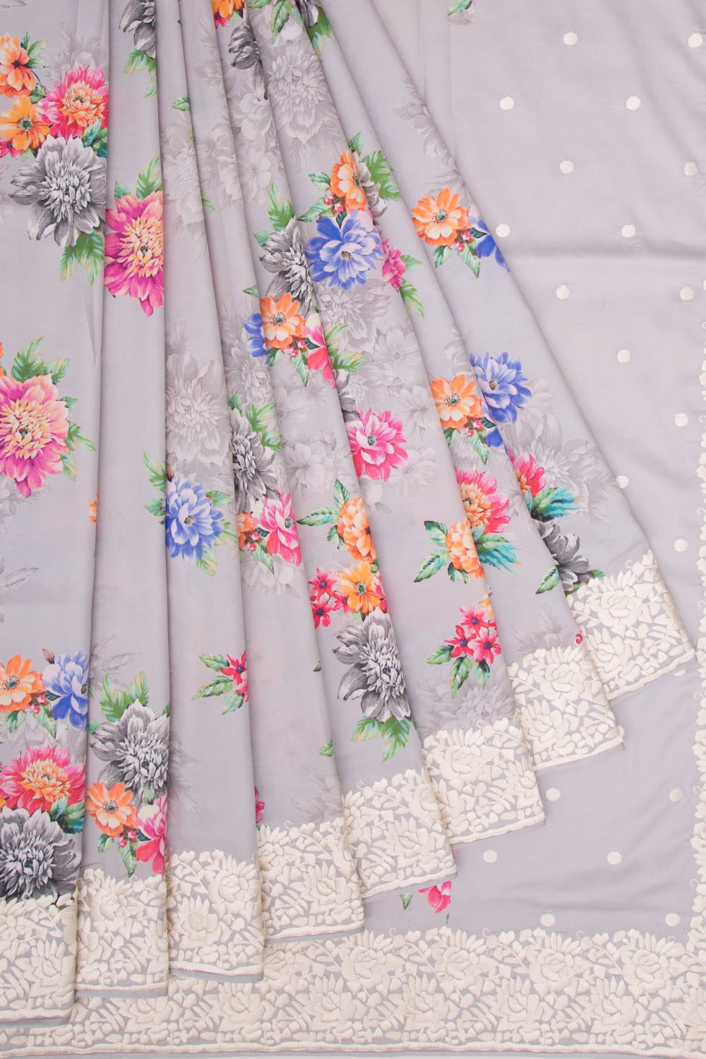 Soft Tussar Floral Printed Grey Saree