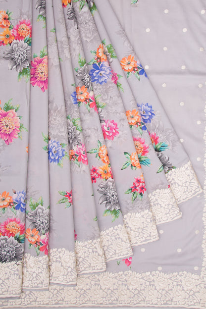 Soft Tussar Floral Printed Grey Saree