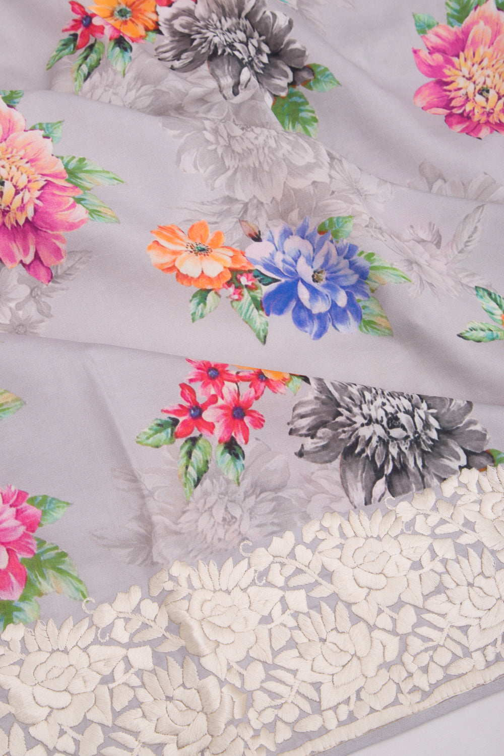 Soft Tussar Floral Printed Grey Saree