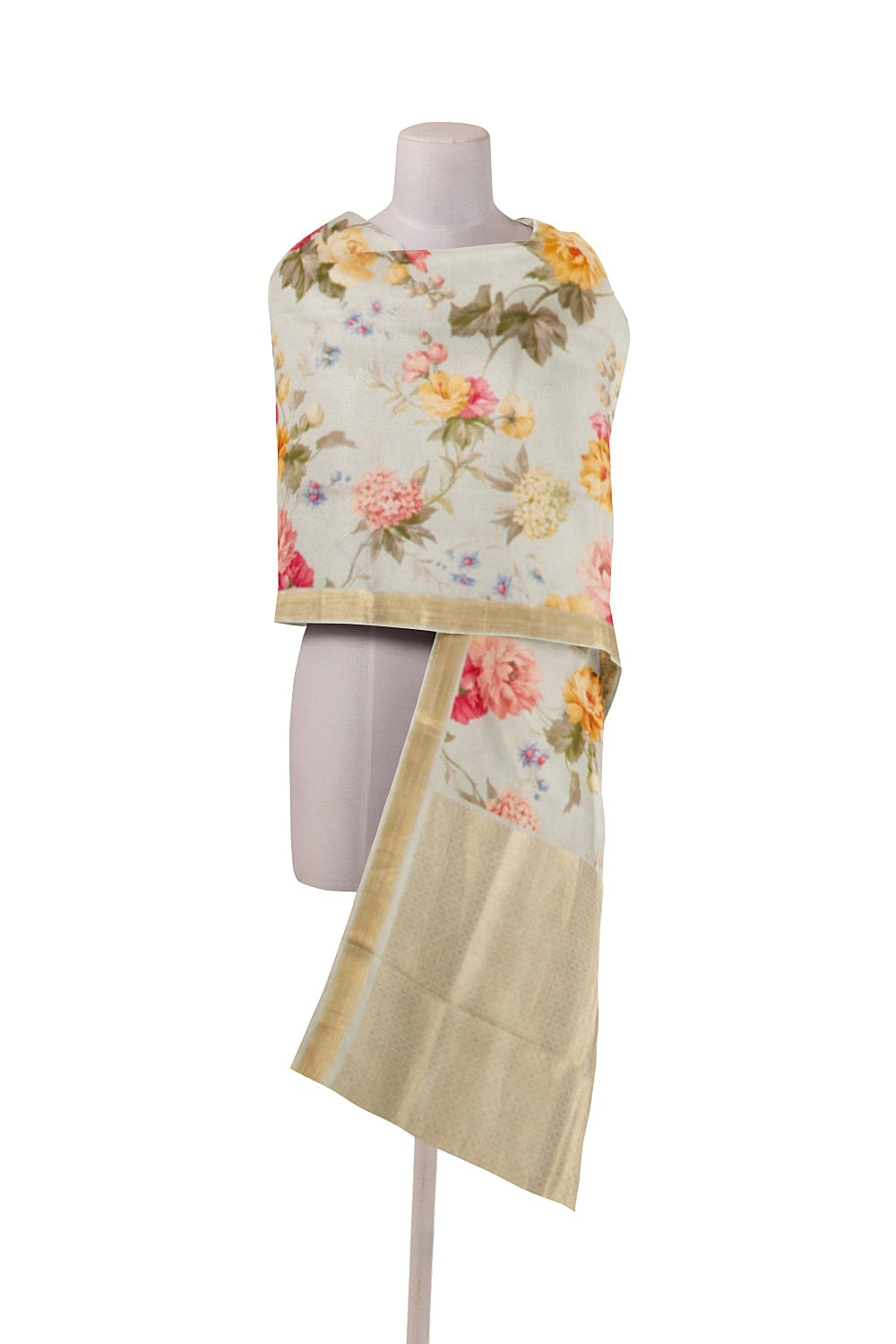 Kanchipuram Silk Floral Printed Pastel Blue Dupatta