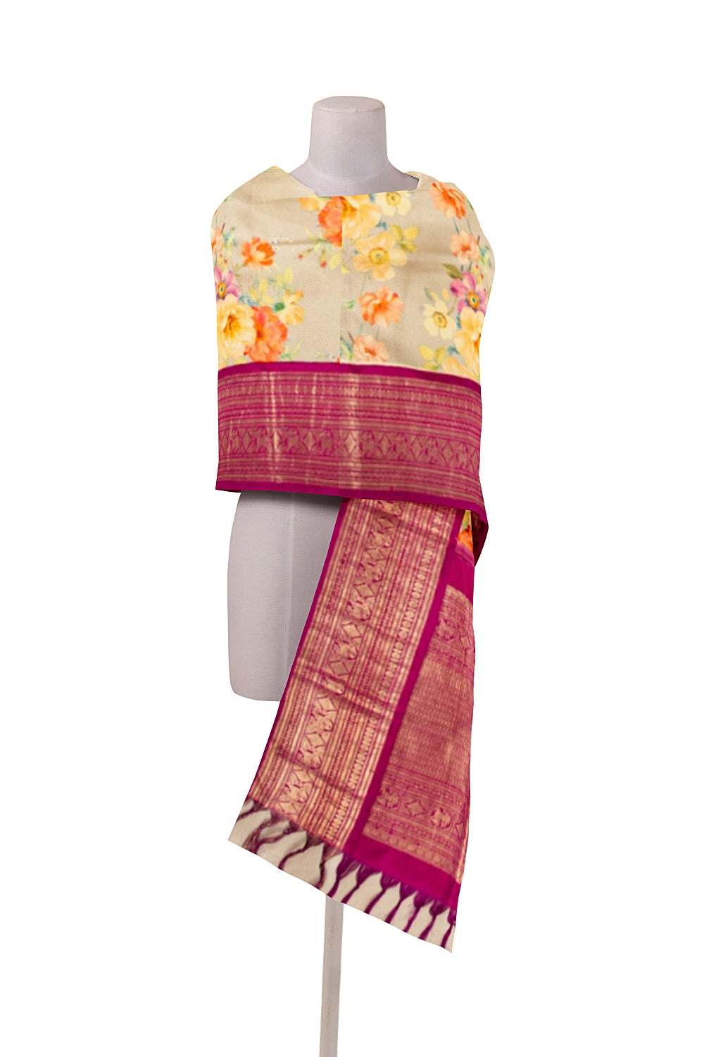 Kanchipuram Silk Floral Printed Grey Dupatta